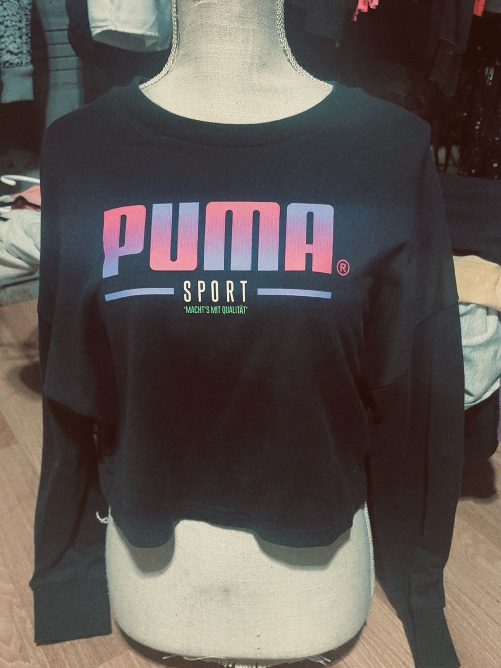 Puma Black Crop Top with Pink-to-Purple Gradient Logo